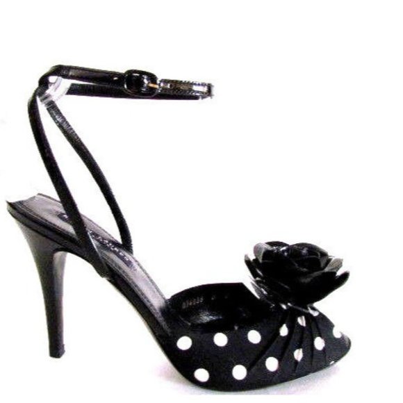 Designer Ralph Lauren Black White Polka Dot Flower Detail Ankle Strap Sandals - Picture 2 of 8